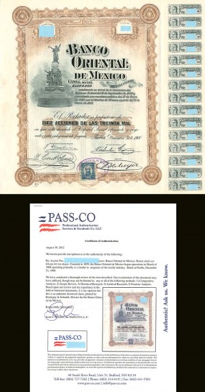 Banco Oriental De Mexico 10 shares/1,000 Pesos 1900 (Uncanceled)